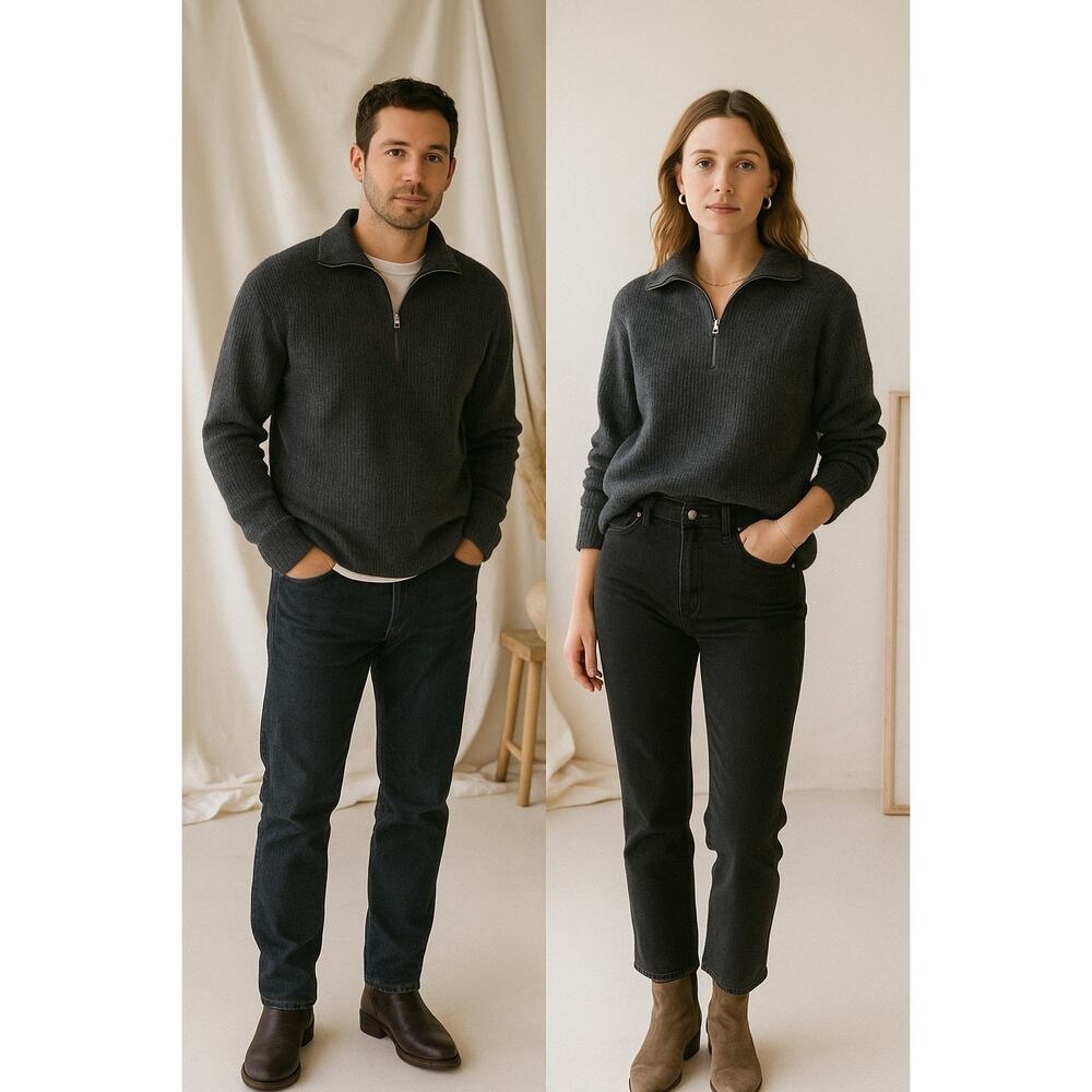 J.Crew Wool Blend Quarter-Zip Sweater | Gray Unisex Minimalist Ribbed | M